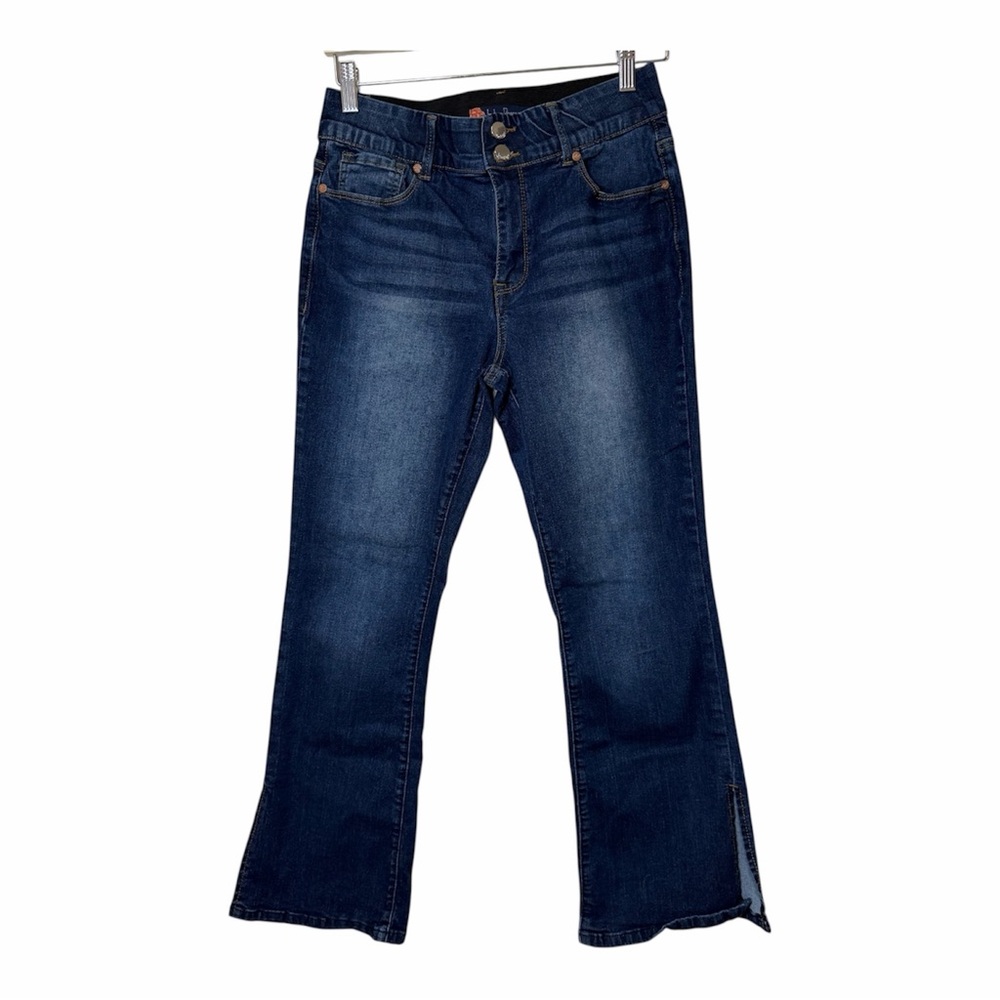 Indigo Poppy Tummy Control Bootcut Jeans Petite 8P Dark Wash Hem Slit Denim Blue